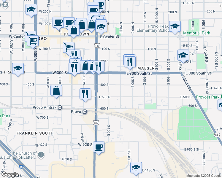map of restaurants, bars, coffee shops, grocery stores, and more near 435 South 100 East in Provo