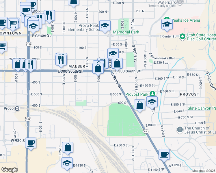 map of restaurants, bars, coffee shops, grocery stores, and more near 684 East 400 South in Provo