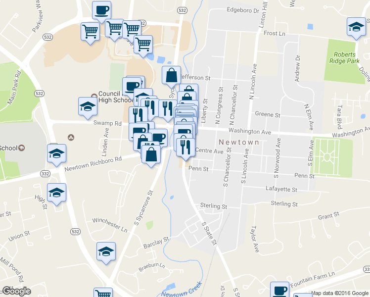 map of restaurants, bars, coffee shops, grocery stores, and more near 95 West Centre Avenue in Newtown