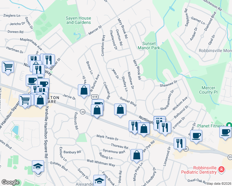 map of restaurants, bars, coffee shops, grocery stores, and more near 42 Sunset Boulevard in Hamilton Township
