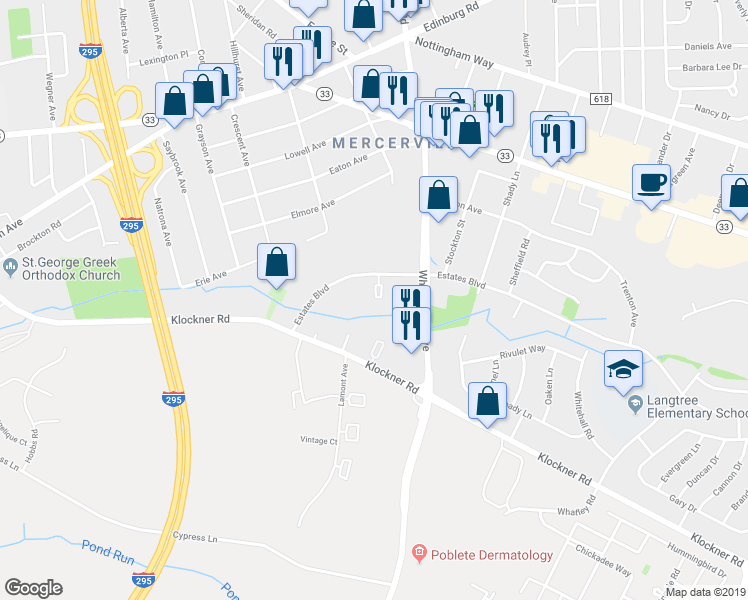 map of restaurants, bars, coffee shops, grocery stores, and more near 740 Estates Boulevard in Trenton