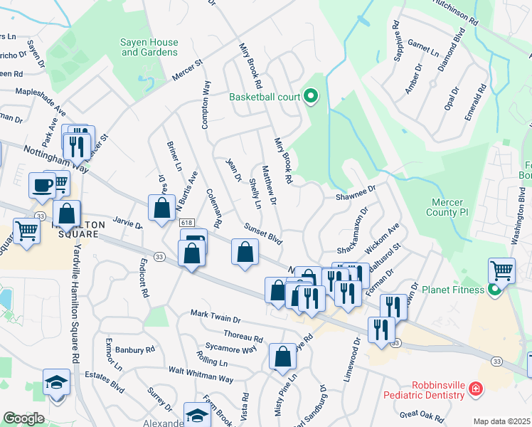 map of restaurants, bars, coffee shops, grocery stores, and more near 8 Shelly Lane in Hamilton Township