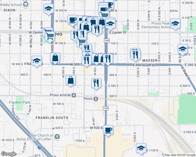map of restaurants, bars, coffee shops, grocery stores, and more near 61 400 South in Provo