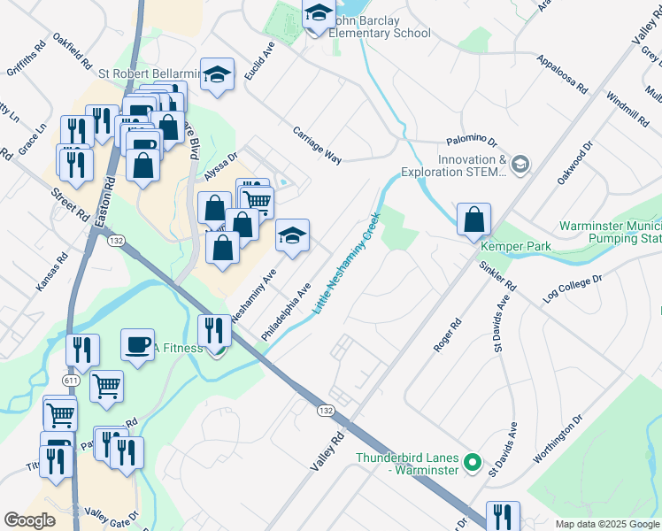 map of restaurants, bars, coffee shops, grocery stores, and more near 791 Philadelphia Avenue in Warrington