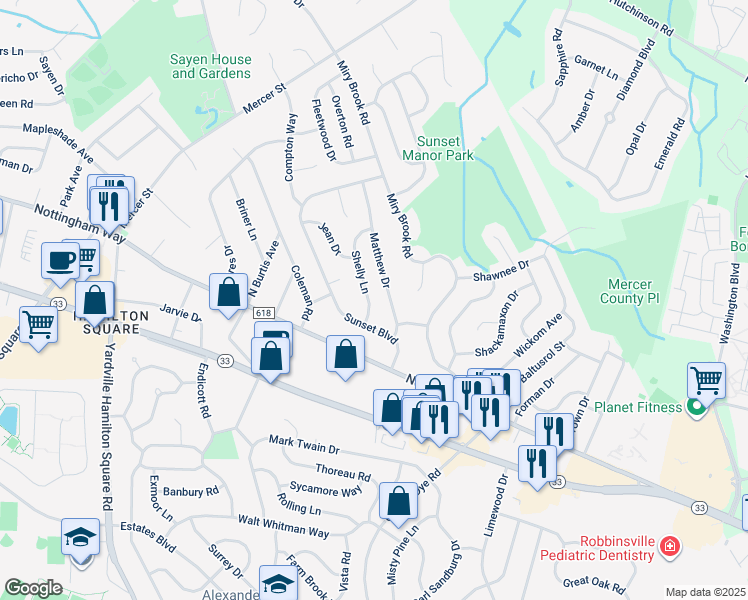 map of restaurants, bars, coffee shops, grocery stores, and more near 8 Shelly Lane in Hamilton Township