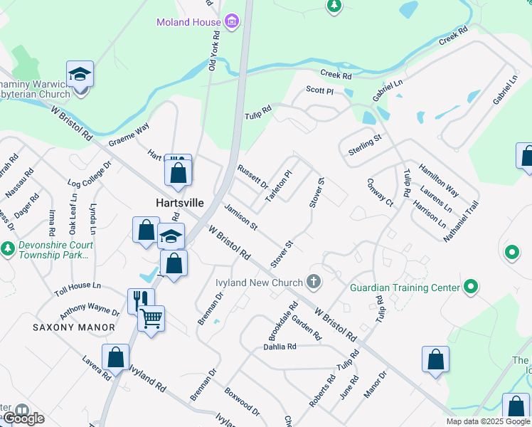 map of restaurants, bars, coffee shops, grocery stores, and more near 1465 Tarleton Place in Warminster