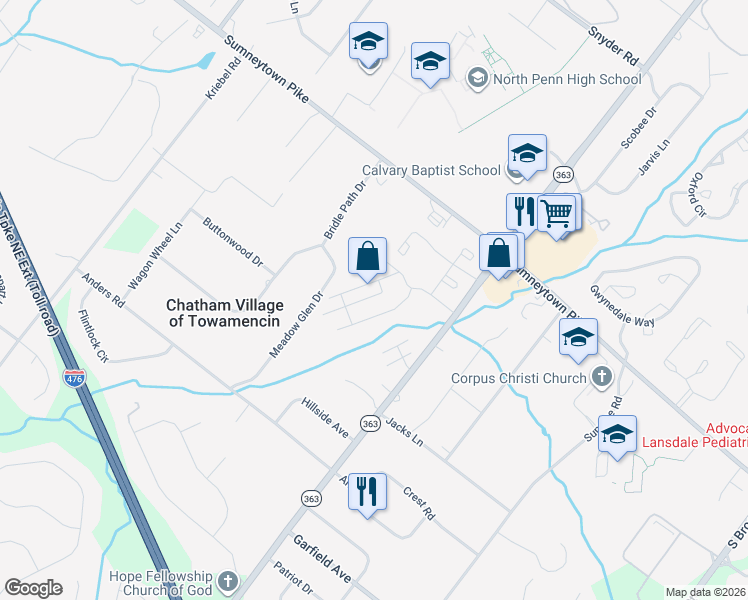 map of restaurants, bars, coffee shops, grocery stores, and more near 104 Oberlin Terrace in Lansdale