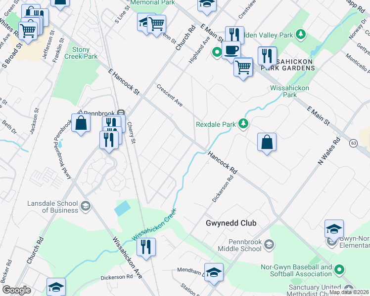 map of restaurants, bars, coffee shops, grocery stores, and more near 910 East Hancock Street in Lansdale