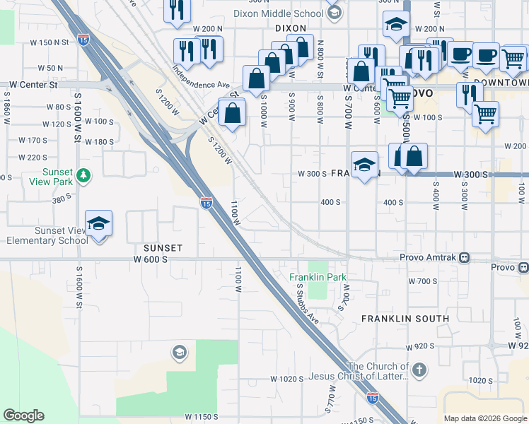 map of restaurants, bars, coffee shops, grocery stores, and more near 428 South Tri Terra Lane in Provo