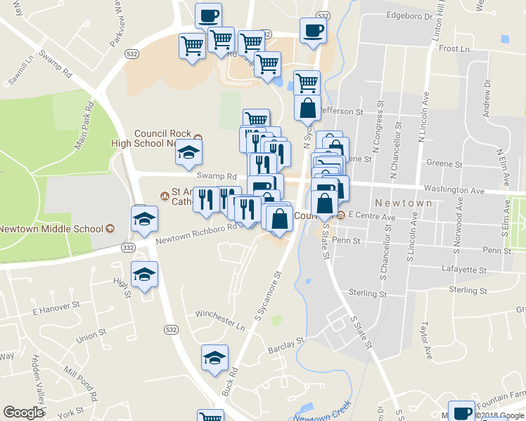 map of restaurants, bars, coffee shops, grocery stores, and more near 32 Newtown Richboro Road in Newtown