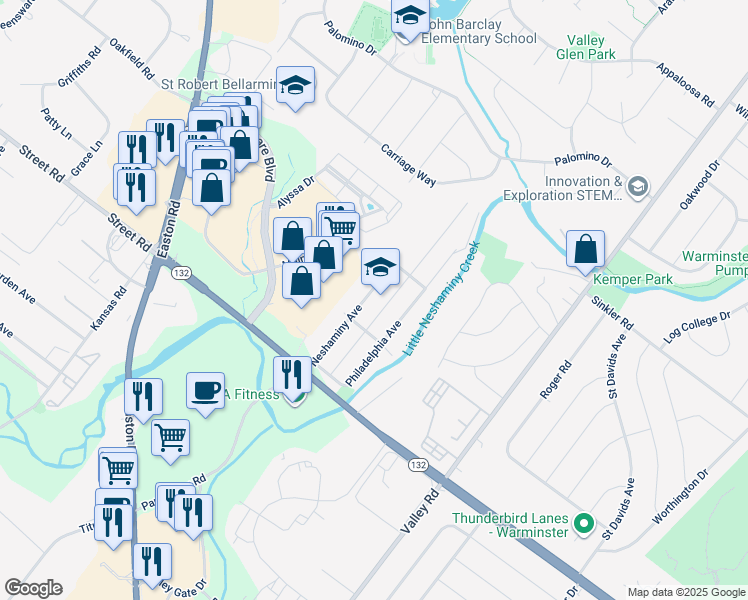 map of restaurants, bars, coffee shops, grocery stores, and more near 731 Neshaminy Avenue in Warrington