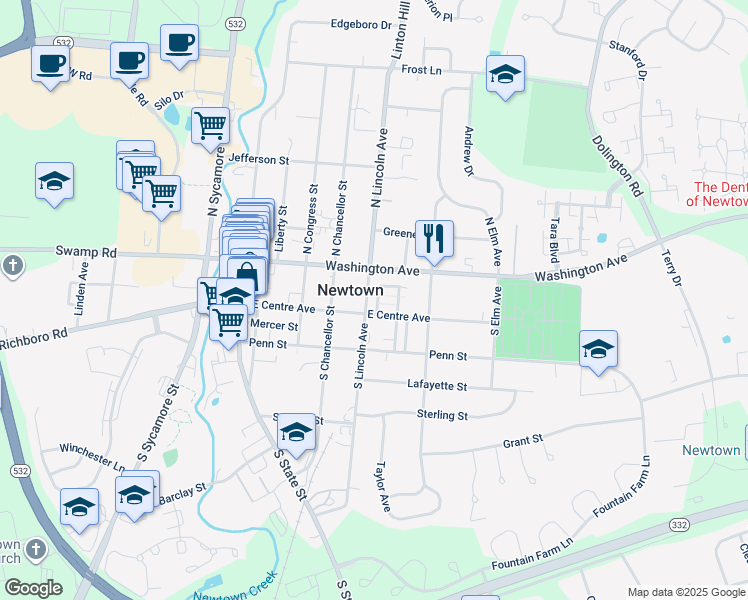 map of restaurants, bars, coffee shops, grocery stores, and more near 27 South Lincoln Avenue in Newtown