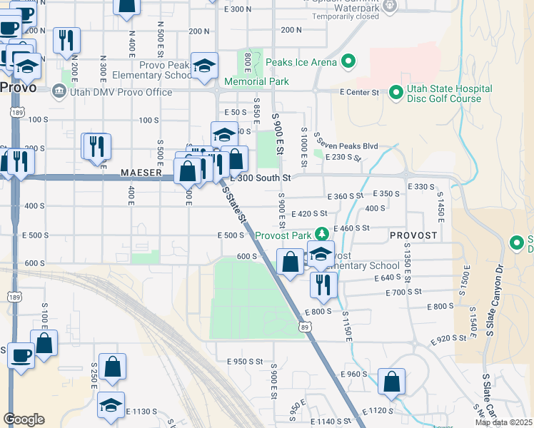 map of restaurants, bars, coffee shops, grocery stores, and more near 855 400 South in Provo