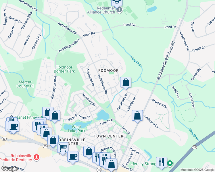 map of restaurants, bars, coffee shops, grocery stores, and more near 210 Waverly Court in Robbinsville Township