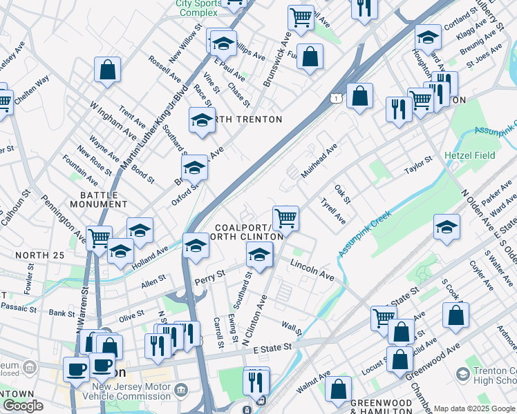 map of restaurants, bars, coffee shops, grocery stores, and more near 72-REAR Escher Street in Trenton