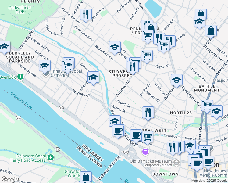 map of restaurants, bars, coffee shops, grocery stores, and more near 40 Jarvis Place in Trenton