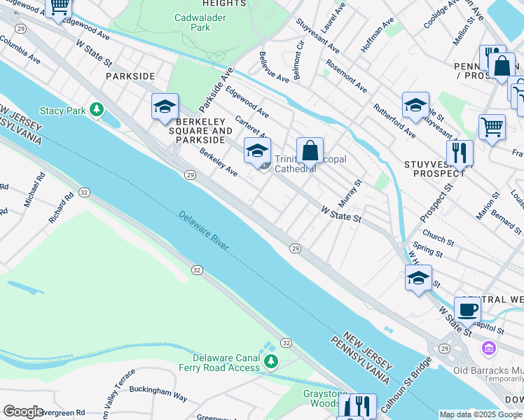 map of restaurants, bars, coffee shops, grocery stores, and more near 100 South Overbrook Avenue in Trenton