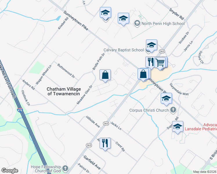 map of restaurants, bars, coffee shops, grocery stores, and more near 104 Oberlin Terrace in Lansdale