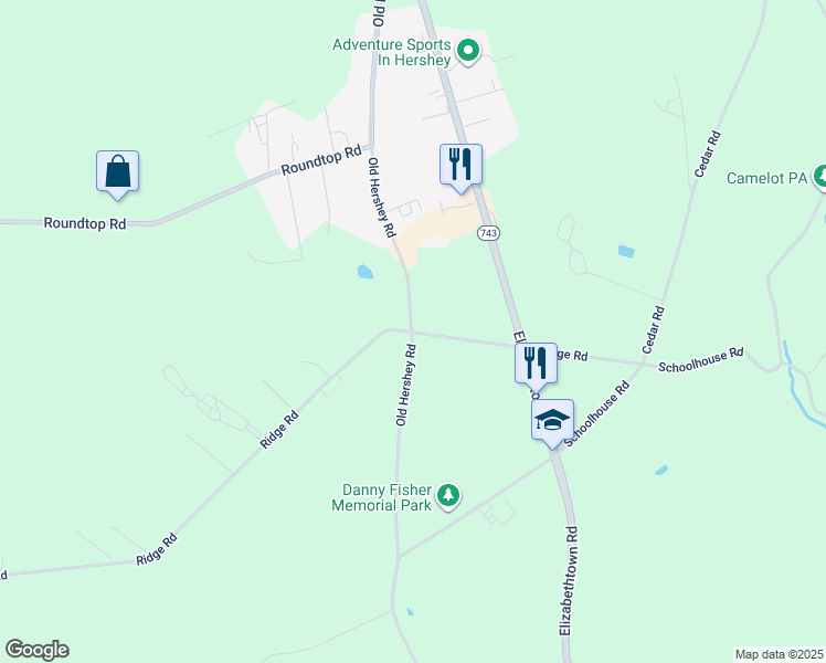 map of restaurants, bars, coffee shops, grocery stores, and more near 3313 Old Hershey Road in Elizabethtown