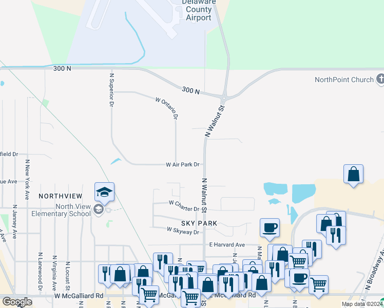 map of restaurants, bars, coffee shops, grocery stores, and more near 4301 North Walnut Street in Muncie
