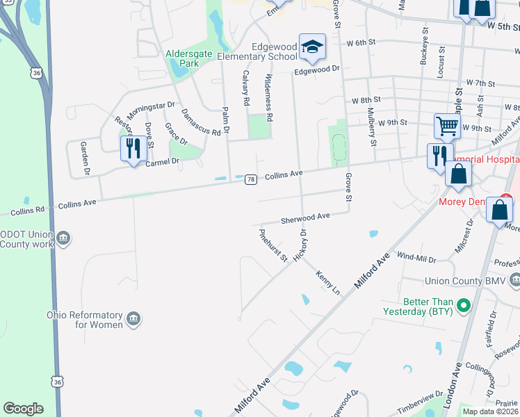 map of restaurants, bars, coffee shops, grocery stores, and more near 1048 Van Kirk Drive in Marysville