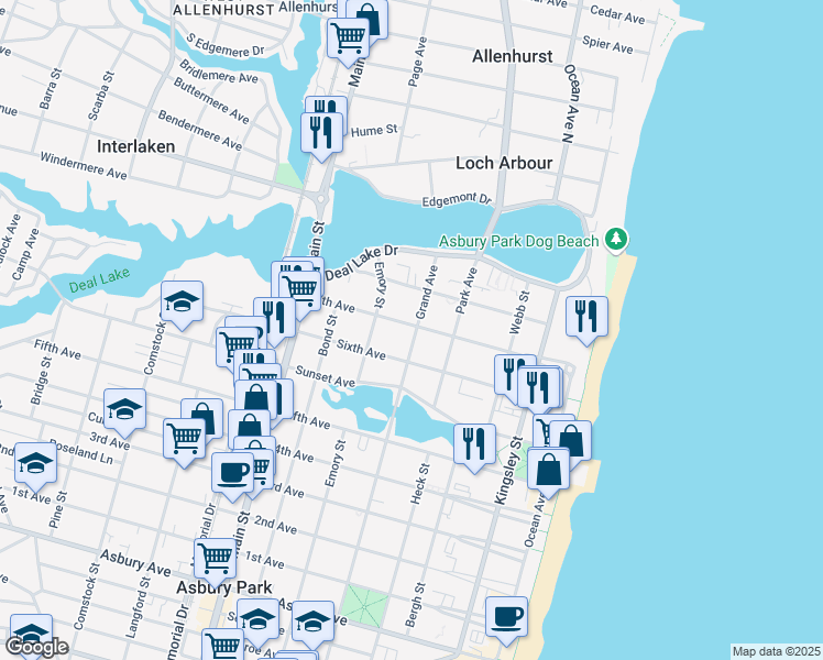 map of restaurants, bars, coffee shops, grocery stores, and more near 508 7th Avenue in Asbury Park