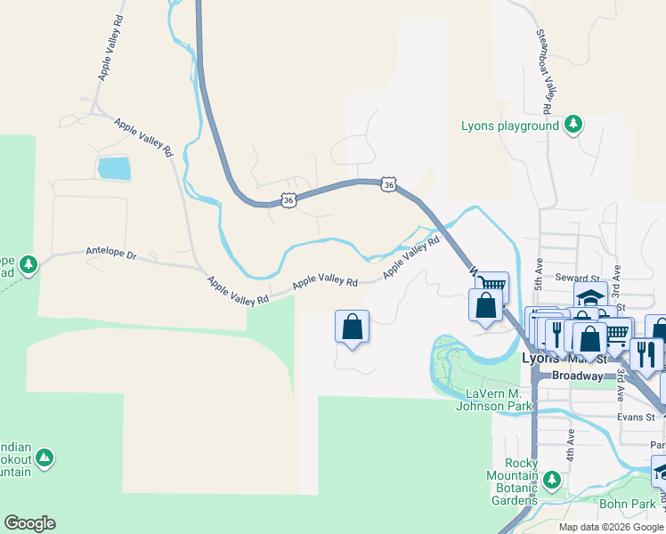 map of restaurants, bars, coffee shops, grocery stores, and more near 382 Apple Valley Road in Lyons