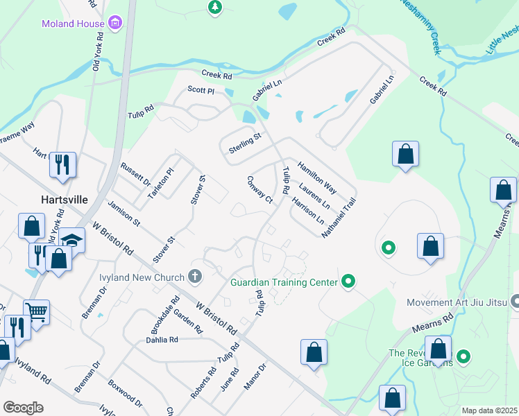 map of restaurants, bars, coffee shops, grocery stores, and more near 203 Crossroads Drive in Warminster