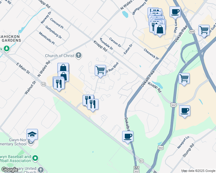 map of restaurants, bars, coffee shops, grocery stores, and more near 2802 Harvard Court in North Wales