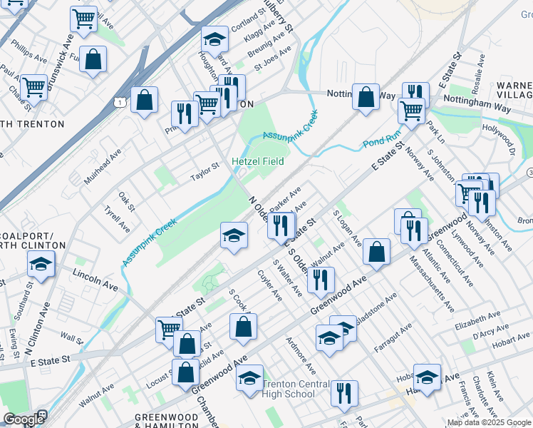 map of restaurants, bars, coffee shops, grocery stores, and more near 2 Parker Avenue in Trenton