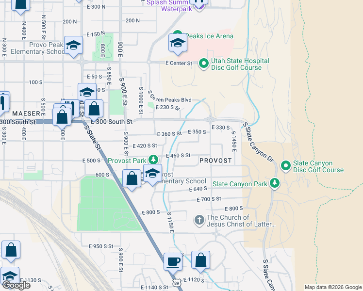 map of restaurants, bars, coffee shops, grocery stores, and more near 421 Idaho Avenue in Provo