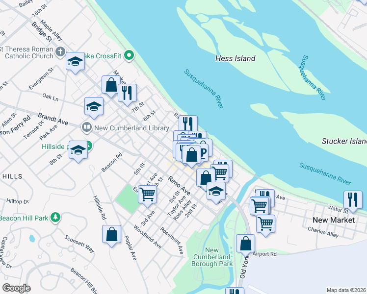 map of restaurants, bars, coffee shops, grocery stores, and more near 422 Market Street in New Cumberland