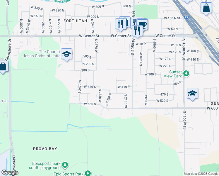 map of restaurants, bars, coffee shops, grocery stores, and more near 2292 West 440 South in Provo
