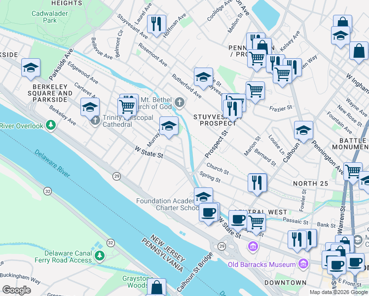 map of restaurants, bars, coffee shops, grocery stores, and more near 13 West End Avenue in Trenton