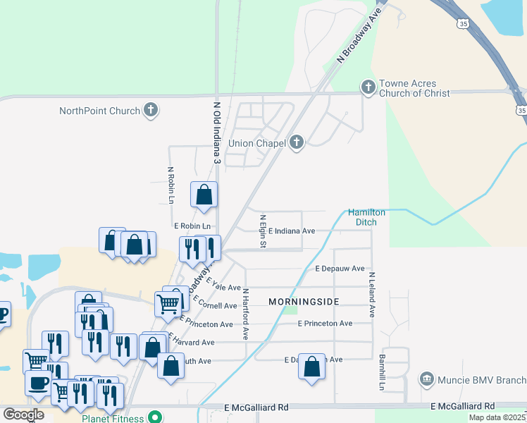 map of restaurants, bars, coffee shops, grocery stores, and more near 1900 East Wabash Avenue in Muncie