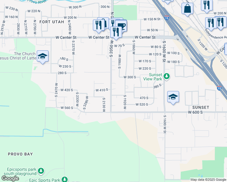 map of restaurants, bars, coffee shops, grocery stores, and more near 2033 West 410 South in Provo