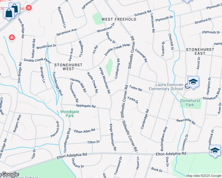 map of restaurants, bars, coffee shops, grocery stores, and more near 198 Kings Mountain Road in Freehold