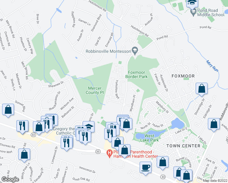 map of restaurants, bars, coffee shops, grocery stores, and more near 140 Tynemouth Court in Robbinsville Township