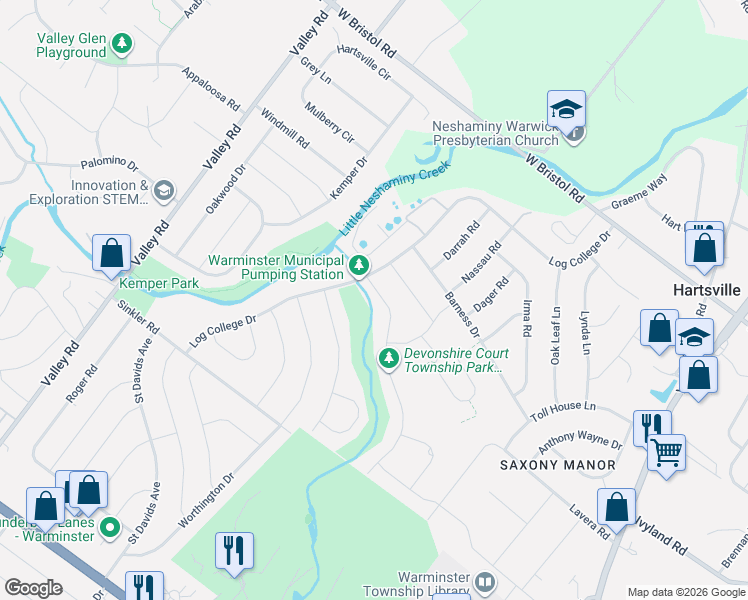 map of restaurants, bars, coffee shops, grocery stores, and more near 1000 Log College Drive in Warminster