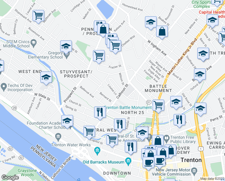 map of restaurants, bars, coffee shops, grocery stores, and more near 475 Calhoun Street in Trenton