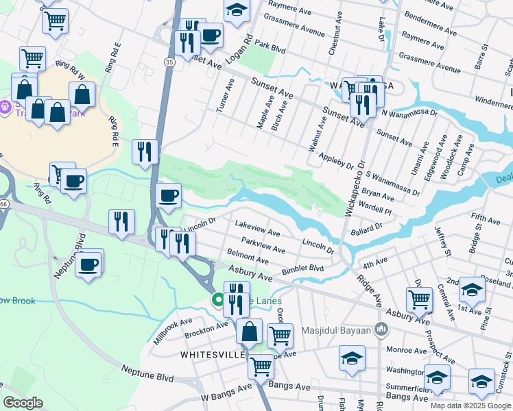 map of restaurants, bars, coffee shops, grocery stores, and more near 304 Lincoln Drive in Monmouth County