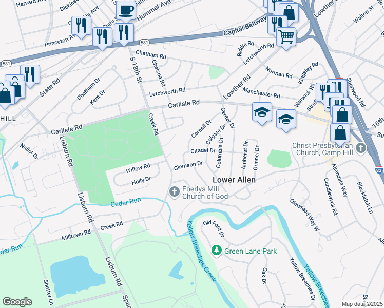 map of restaurants, bars, coffee shops, grocery stores, and more near 5 Citadel Drive in Camp Hill