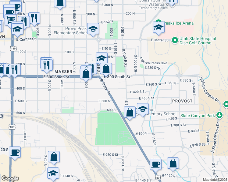 map of restaurants, bars, coffee shops, grocery stores, and more near 1073 400 South in Provo