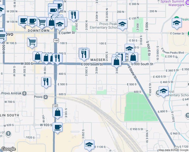 map of restaurants, bars, coffee shops, grocery stores, and more near 361 400 South in Provo