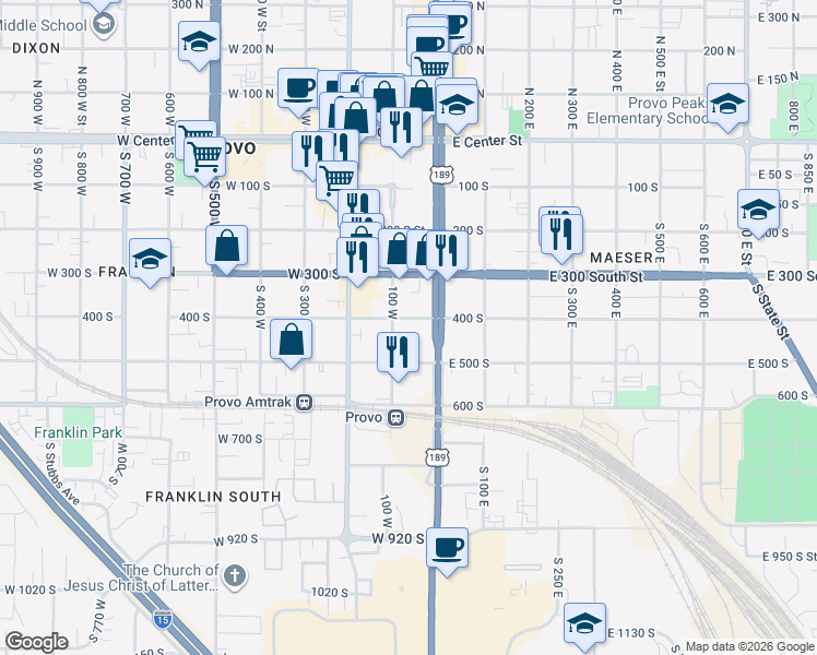map of restaurants, bars, coffee shops, grocery stores, and more near in Provo