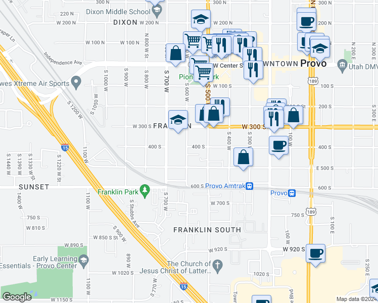 map of restaurants, bars, coffee shops, grocery stores, and more near 391 South 600 West in Provo