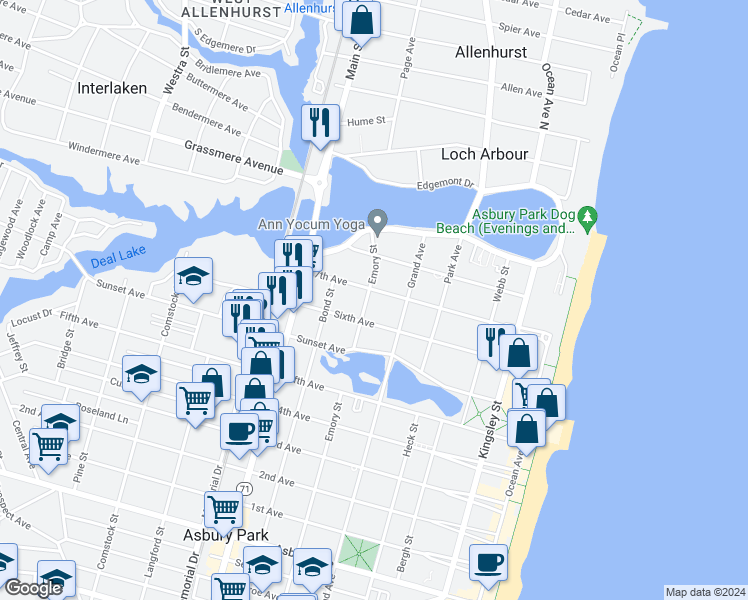 map of restaurants, bars, coffee shops, grocery stores, and more near 513 7th Avenue in Asbury Park