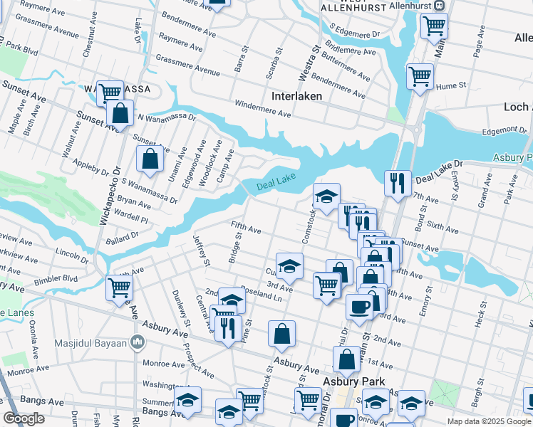 map of restaurants, bars, coffee shops, grocery stores, and more near 1214 Sunset Avenue in Asbury Park
