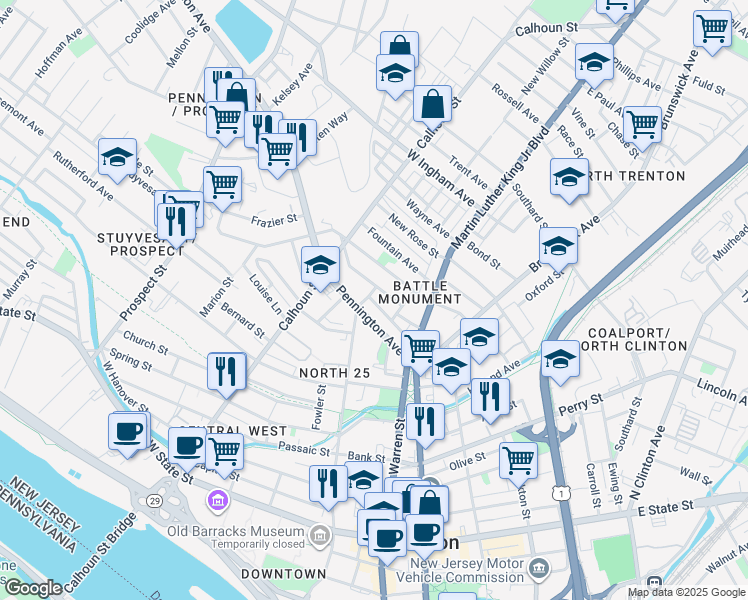 map of restaurants, bars, coffee shops, grocery stores, and more near 38 Humboldt Street in Trenton