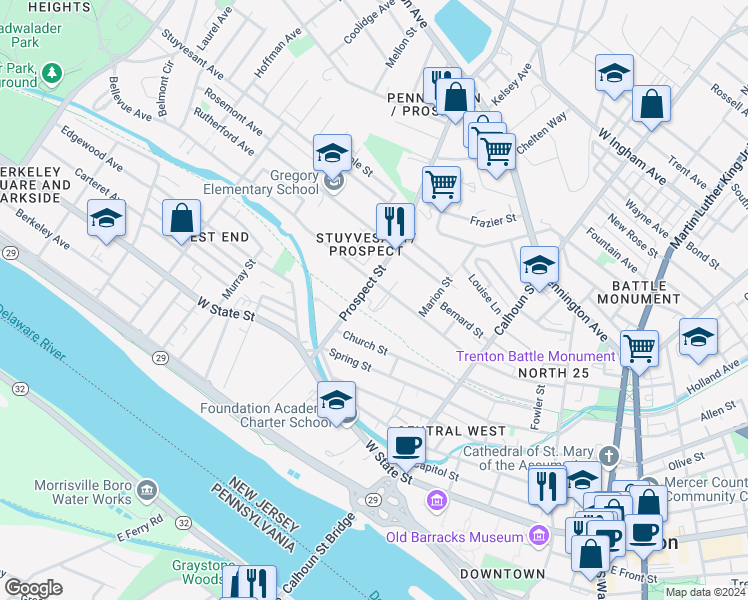 map of restaurants, bars, coffee shops, grocery stores, and more near 77 Prospect Street in Trenton